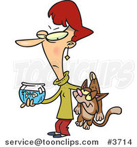Cartoon Lady Carrying a Bad Cat and a Dead Fish in a Bowl by Toonaday
