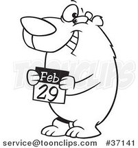Outline Cartoon Leap Day Bear Holding a February 29th Calendar by Toonaday