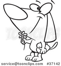 Outline Cartoon Smiling Valentines Day Dog with a Flower and Candy Box by Toonaday