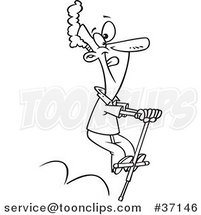 Black and White Outline Cartoon Guy Hopping on a Pogo Stick on Leap Day by Toonaday