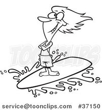 Cartoon Outlined Happy Surfer Girl Riding a Wave by Toonaday