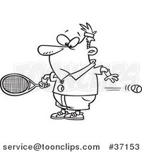 Cartoon Outlined Surprised Guy Watching a Fast Tennis Ball Fly Through His Belly by Toonaday