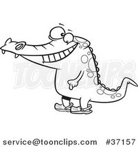Cartoon Outlined Smiling Crocodile Standing Upright and Wearing Crocs on His Feet by Toonaday