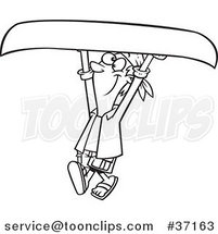 Cartoon Outlined Happy Guy Carrying a Canoe Above His Head by Toonaday