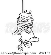 Cartoon Outlined Business Man Caught Hanging Upside down in Tape Formalities by Toonaday