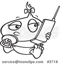Cartoon Black and White Line Drawing of a Baby Girl Using a Cell Phone by Toonaday
