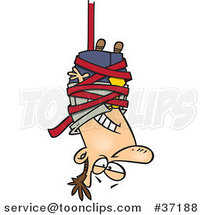 Cartoon Business Man Caught Hanging Upside down in Red Tape Formalities by Toonaday