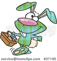 Cartoon Happy Green Plaid Easter Bunny Carrying a Basket of Eggs by Toonaday