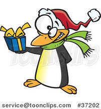 Cartoon Christmas Penguin Giving a Present by Toonaday
