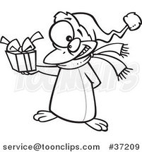 Cartoon Outlined Christmas Penguin Giving a Present by Toonaday