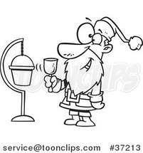 Cartoon Outlined Santa Ringing a Bell by a Donation Cup by Toonaday
