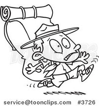 Cartoon Black and White Line Drawing of a Boy Scout Running with a Big Back Pack by Toonaday