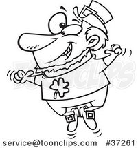 Black and White Outline Cartoon St Patricks Leprechaun Jumping up and down by Toonaday