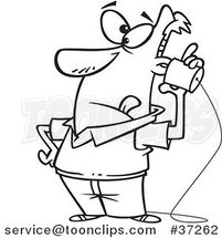 Black and White Outline Cartoon Low Tech Guy Using a Can Phone by Toonaday
