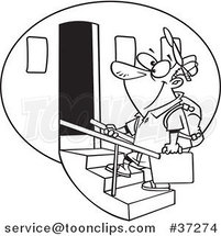 Black and White Outline Cartoon Tourist Guy Boarding an Airplane by Toonaday