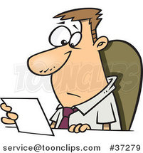Cartoon Business Man Seated at a Desk and Reading a Memo by Toonaday