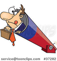 Cartoon Business Man Holding His Briefcase and Prepared for Take off in a Cannon by Toonaday