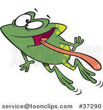 Cartoon Green Happy Frog Leaping with His Tongue Hanging out by Toonaday