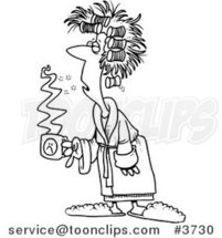 Cartoon Black and White Line Drawing of a Tired Lady with Bad Hair, Holding Coffee by Toonaday