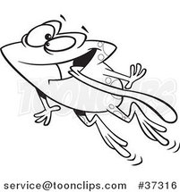 Cartoon Outlined Happy Frog Leaping with His Tongue Hanging out by Toonaday