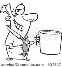 Outlined Cartoon Business Man Grinning and Holding a Giant Coffee Mug by Toonaday