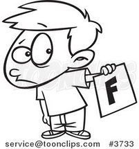 Cartoon Black and White Line Drawing of a Nervous School Boy Holding out a Bad Report Card by Toonaday