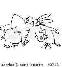 Cartoon Outlined Opposing Democratic Donkey and Republican Elephant by Toonaday