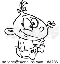 Cartoon Black and White Line Drawing of a Baby Girl Holding a Flower by Toonaday