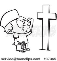 Cartoon Outlined Boy Crying at a Soldiers Grave on Memorial Day by Toonaday