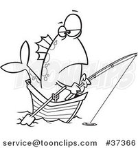 Cartoon Outlined Fish Fishing from a Boat by Toonaday