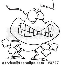 Cartoon Black and White Line Drawing of a Grinning Bad Bug by Toonaday