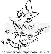 Cartoon Black and White Line Drawing of a Business Woman Running from Bad Karma by Toonaday