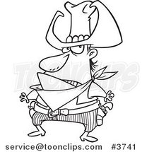 Cartoon Black and White Line Drawing of a Bad Cowboy Ready to Draw His Guns by Toonaday