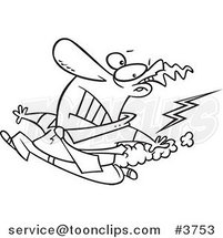 Cartoon Black and White Line Drawing of a Business Man Running from Bad Karma by Toonaday