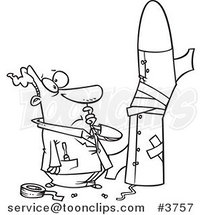 Cartoon Black and White Line Drawing of a Guy Building a Bad Rocket by Toonaday