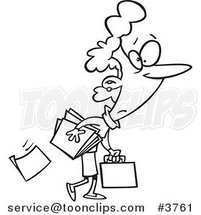 Cartoon Black and White Line Drawing of a Business Woman Dropping Paperwork by Toonaday