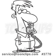 Cartoon Black and White Line Drawing of a Guy Receiving Bad News on the Phone by Toonaday
