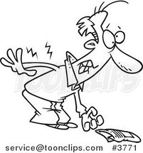 Cartoon Black and White Line Drawing of a Guy Picking up a Newspaper and Hurting His Back by Toonaday