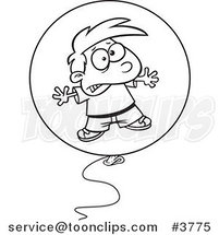 Cartoon Black and White Line Drawing of a Boy Floating in a Bad Balloon by Toonaday