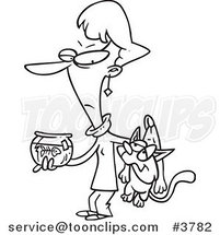 Cartoon Black and White Line Drawing of a Lady Carrying a Bad Cat and a Dead Fish in a Bowl by Toonaday