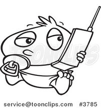 Cartoon Black and White Line Drawing of a Baby Boy Using a Cell Phone by Toonaday