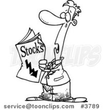 Cartoon Black and White Line Drawing of a Guy Reading Bad News in the Stocks Pages by Toonaday