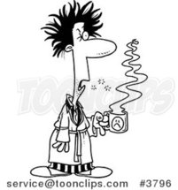 Cartoon Black and White Line Drawing of a Tired Guy with Bad Hair, Holding Coffee by Toonaday