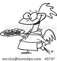 Cartoon Black and White Line Drawing of a Chicken Carrying a Plate of Eggs and Bacon by Toonaday