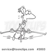 Cartoon Black and White Line Drawing of a Nervous Business Man Walking a Tight Rope with a Bar by Toonaday