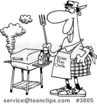 Cartoon Black and White Line Drawing of a Guy Standing by His Bbq by Toonaday