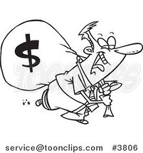 Cartoon Black and White Line Drawing of a Business Man Laughing on His Way to the Bank by Toonaday