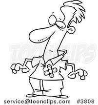 Cartoon Black and White Line Drawing of a Guy with Bandages over His Chest by Toonaday