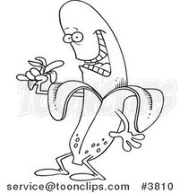 Cartoon Black and White Line Drawing of a Banana Character Eating a Banana by Toonaday