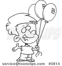 Cartoon Black and White Line Drawing of a Birthday Boy Holding Three Balloons by Toonaday